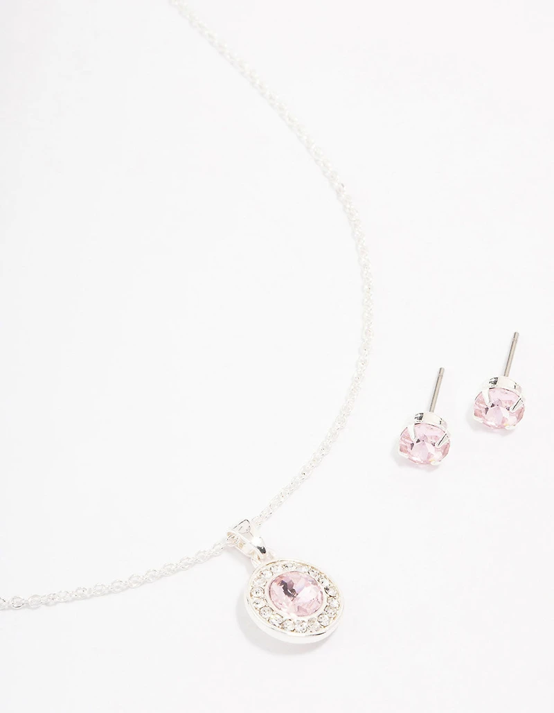 Silver Round Diamante Pink Halo Jewellery Set