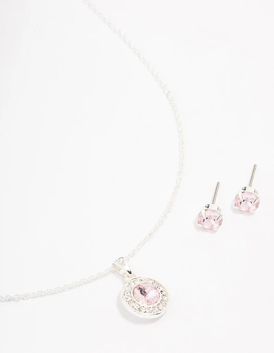 Silver Round Diamante Pink Halo Jewellery Set