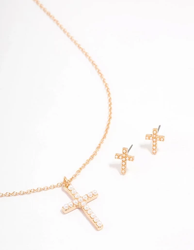 Gold Pearl Cross Jewellery Set