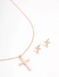 Gold Pearl Cross Jewellery Set