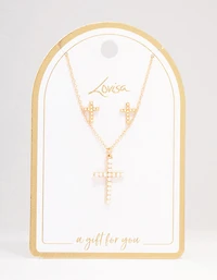 Gold Pearl Cross Jewellery Set