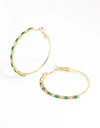 Gold Plated Emerald Round & Baguette Large Hoop Earrings