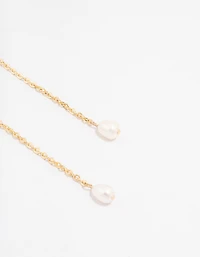 Gold Plated Emerald Baguette Freshwater Pearl Chain Drop Earrings