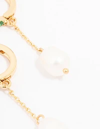 Gold Plated Cubic Zirconia Emerald & Freshwater Pearl Huggie Chain Drop Earrings