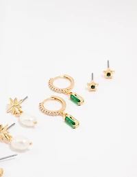 Gold Plated Cubic Zirconia Emerald Baguette Celestial Earrings 4-Pack