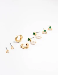 Gold Plated Emerald Stone & Pearl Earrings 4-Pack