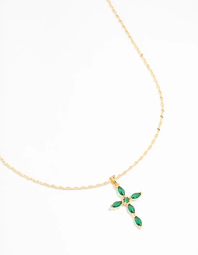 Gold Plated Cubic Zirconia Emerald Marquise Cross Necklace