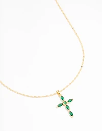Gold Plated Cubic Zirconia Emerald Marquise Cross Necklace