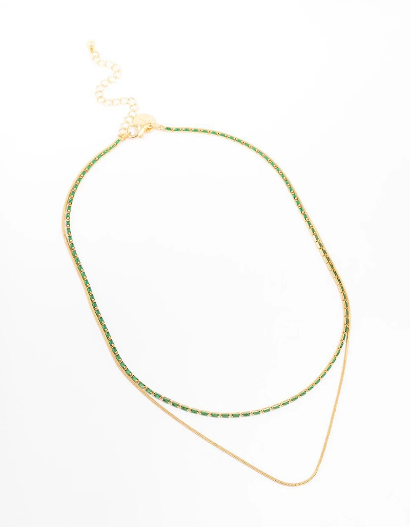 Gold Plated Cubic Zirconia Emerald Baguette Dainty Layered Necklace