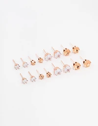 Rose Gold Basic Diamante Stud Earrings 8-Pack