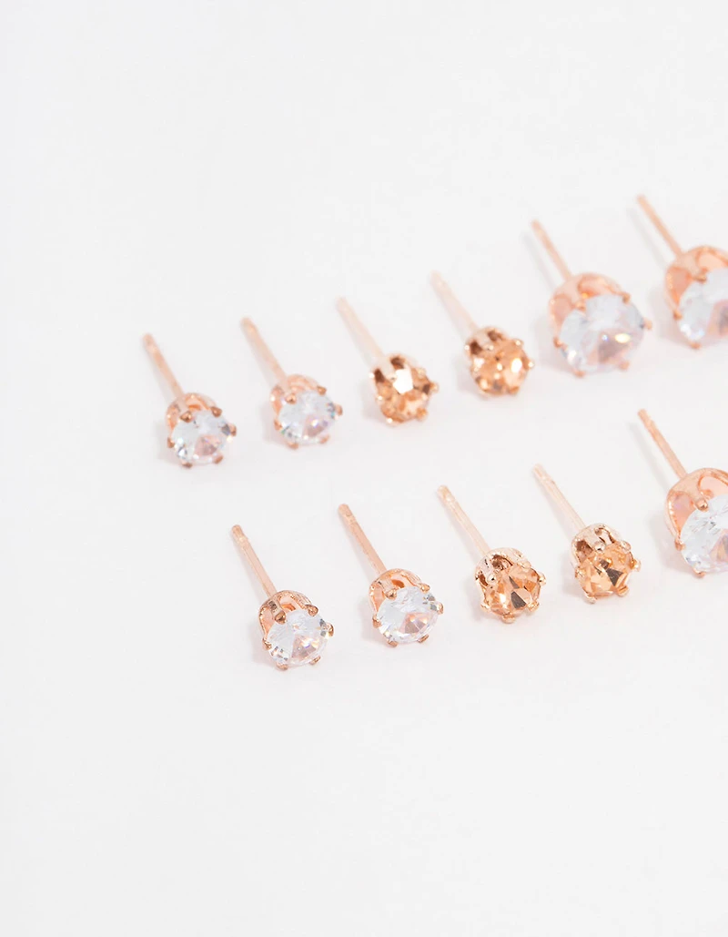 Rose Gold Basic Diamante Stud Earrings 8-Pack
