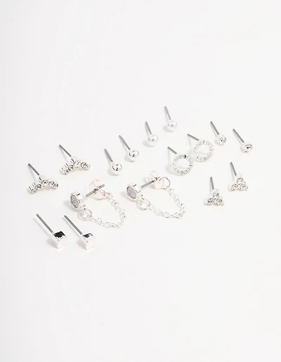 Silver Stud Chain Diamante Earring 8-Pack