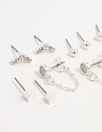 Silver Stud Chain Diamante Earring 8-Pack