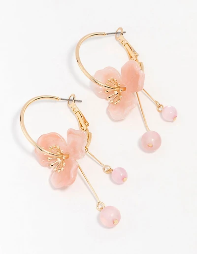 Gold Peach Acrylic Flower Beaded Hoop Earrings