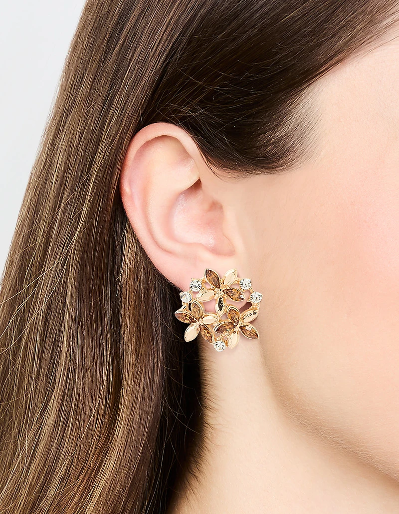 Gold Diamante Flower Cluster  Stud Earrings
