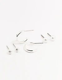 Silver Pearl Stud & Hoop Earrings 3-Pack