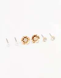 Gold Pearl Flower Stud Earrings 3-Pack