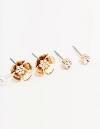 Paquet de 3 boucles d’oreilles fleur en or perlé