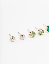 Gold Green Diamante Stud Earrings 3-Pack