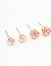 Gold Pink Diamante Stud Earrings 3-Pack