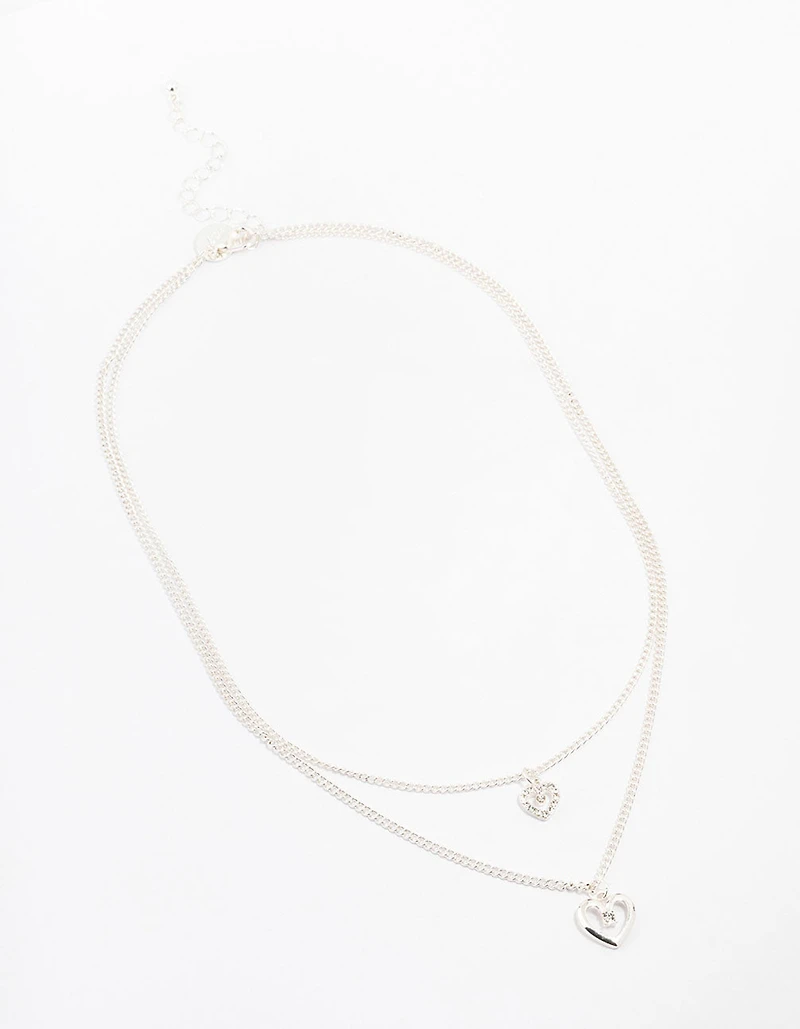 Silver Double Chain Heart Diamante Necklace