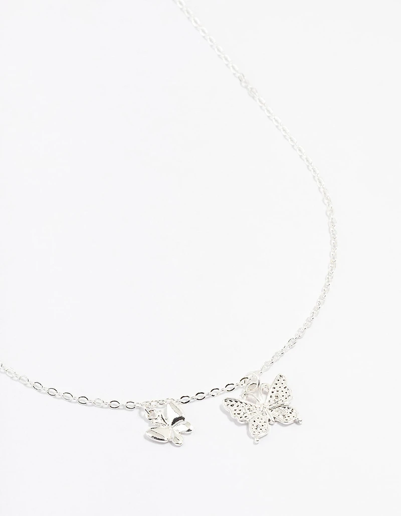 Silver Double Diamante Butterfly Necklace