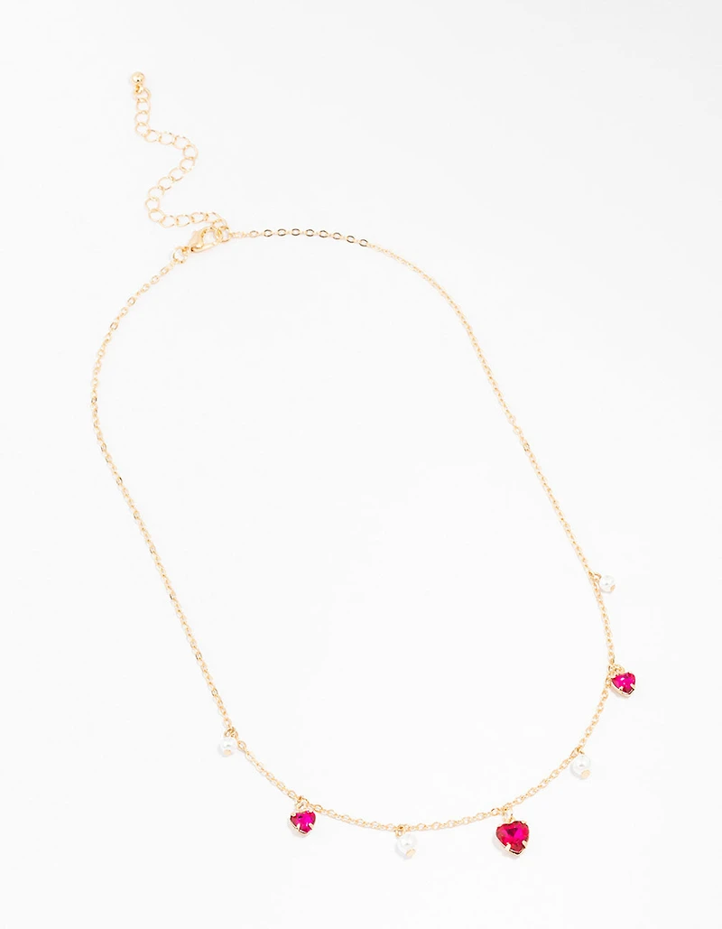 Gold Pearl And Diamante Heart Droplet Necklace