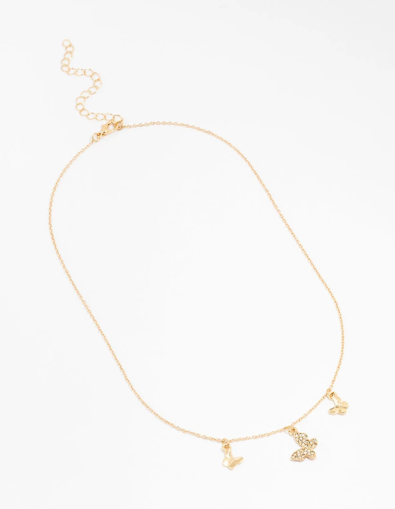 Gold Diamante Butterfly Droplet Necklace