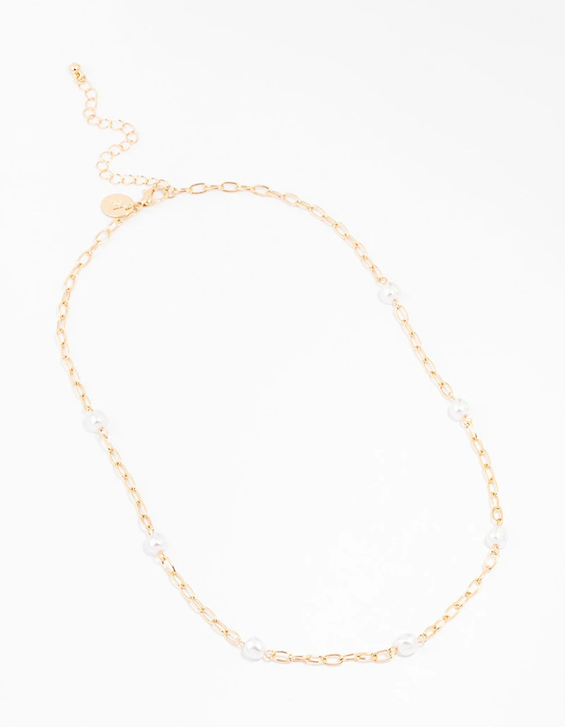 Gold Chain Pearl Station Necklace