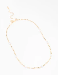 Gold Chain Pearl Station Necklace