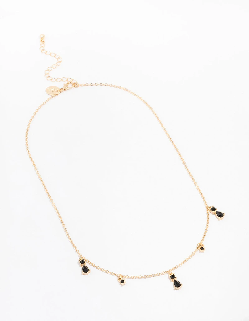 Gold Pear Black Droplet Necklace