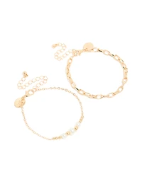 Gold Chain Link & Pearl Bracelets 2-Pack