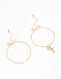 Gold Chain Cross & Heart Bracelets 2-Pack