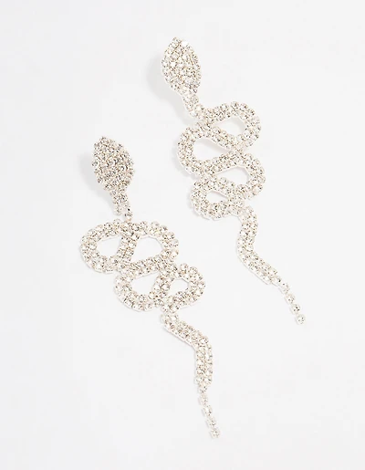 Silver Snake Diamante Swirl Drop Earrings