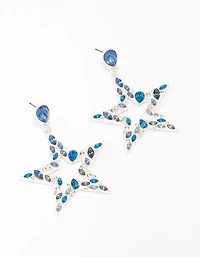 Silver & Blue Small Diamante Star Drop Earrings