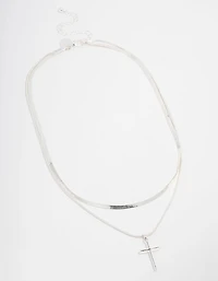 Silver Plated Plain Cross Snake Necklace 2-Pack