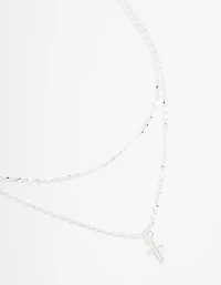 Silver Plated Cubic Zirconia Fine Cross Necklace 2-Pack