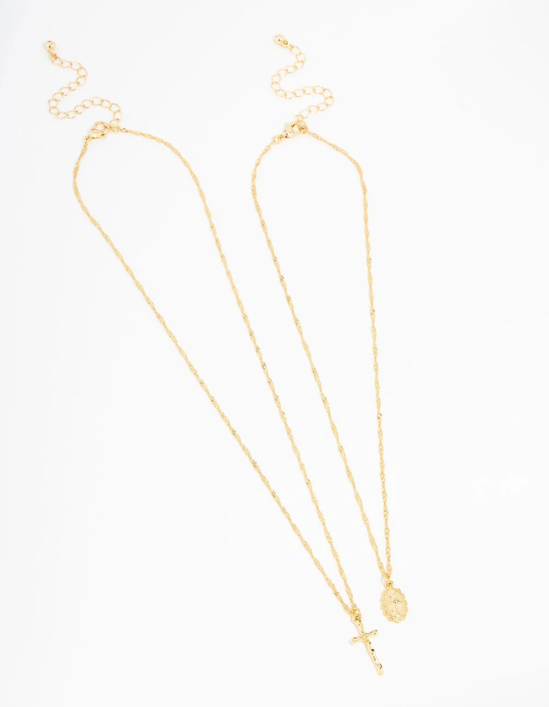 Gold Plated Mary Hammered Cross Necklace 2-Pack