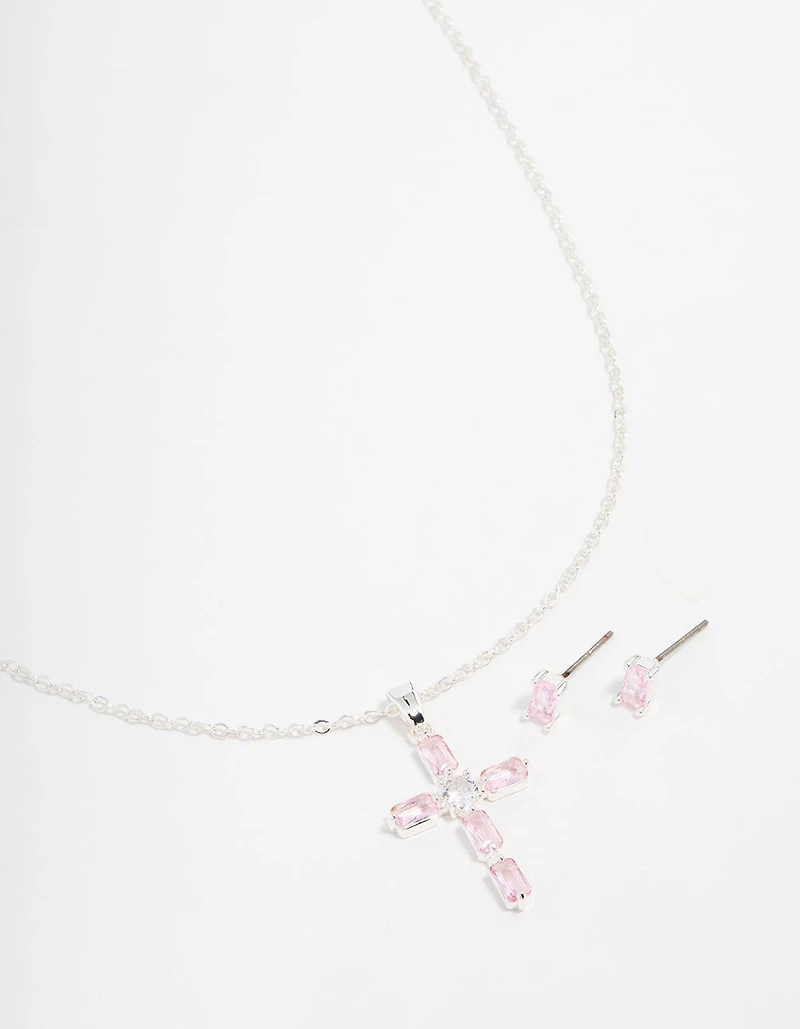 Silver Plated Diamante Cross Necklace & Stud Earrings Set