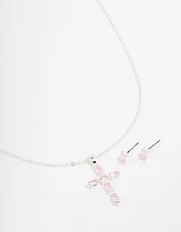 Silver Plated Diamante Cross Necklace & Stud Earrings Set