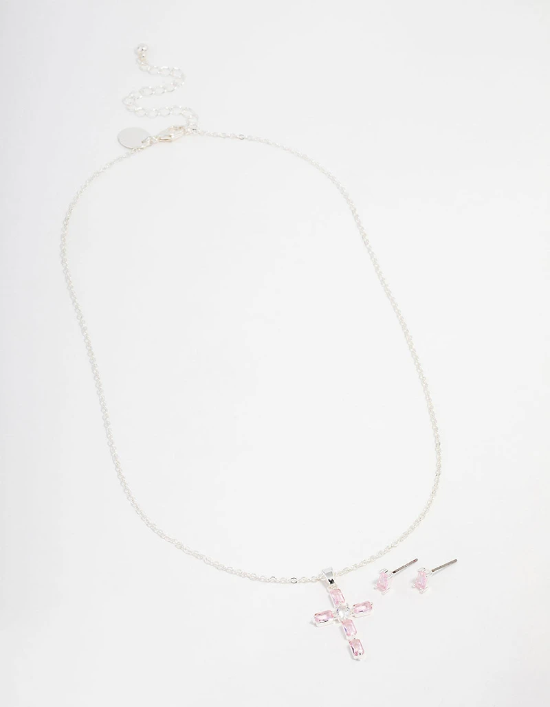 Silver Plated Diamante Cross Necklace & Stud Earrings Set