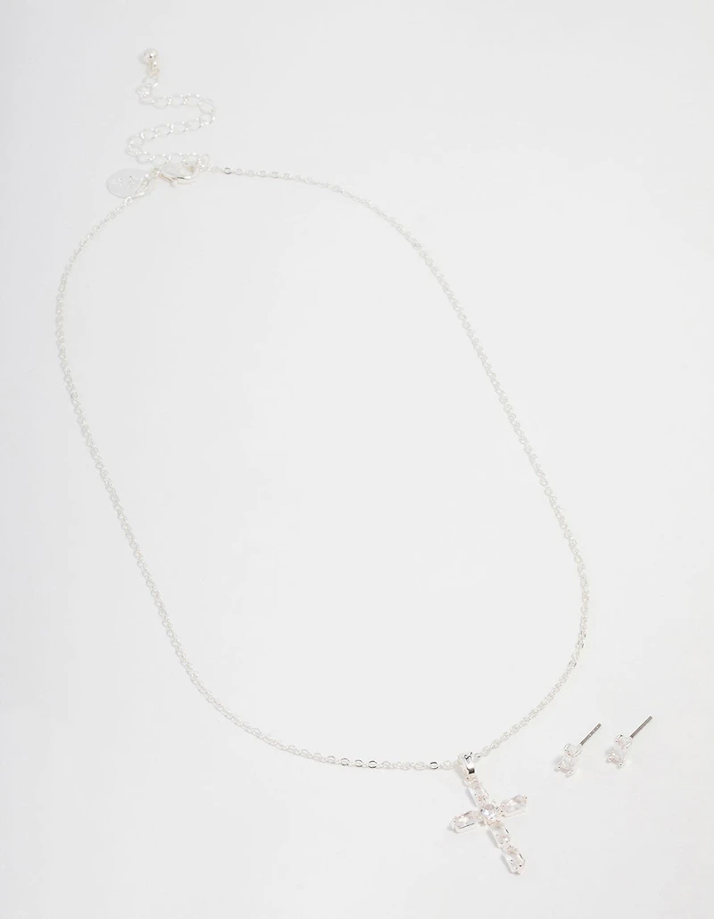 Silver Plated Diamante Cross Necklace & Stud Earrings Set