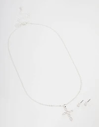 Silver Plated Diamante Cross Necklace & Stud Earrings Set