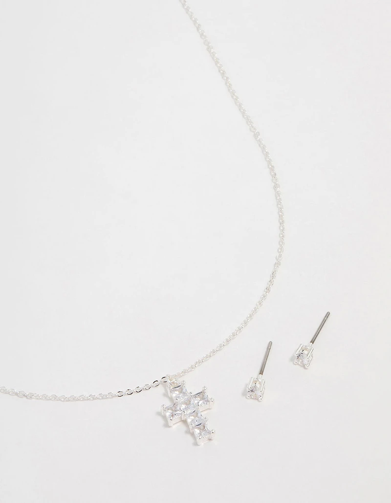 Silver Plated Cubic Zirconia Mini Cross Necklace & Stud Earrings Set