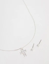 Silver Plated Cubic Zirconia Mini Cross Necklace & Stud Earrings Set