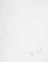 Silver Plated Cubic Zirconia Mini Cross Necklace & Stud Earrings Set