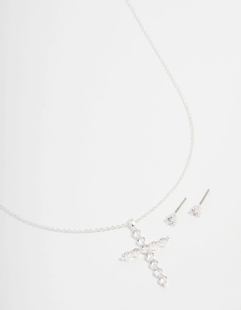 Collier cubique en zircone plaqué argent avec croix ronde et boucles d’oreilles clus