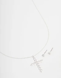 Collier cubique en zircone plaqué argent avec croix ronde et boucles d’oreilles clus
