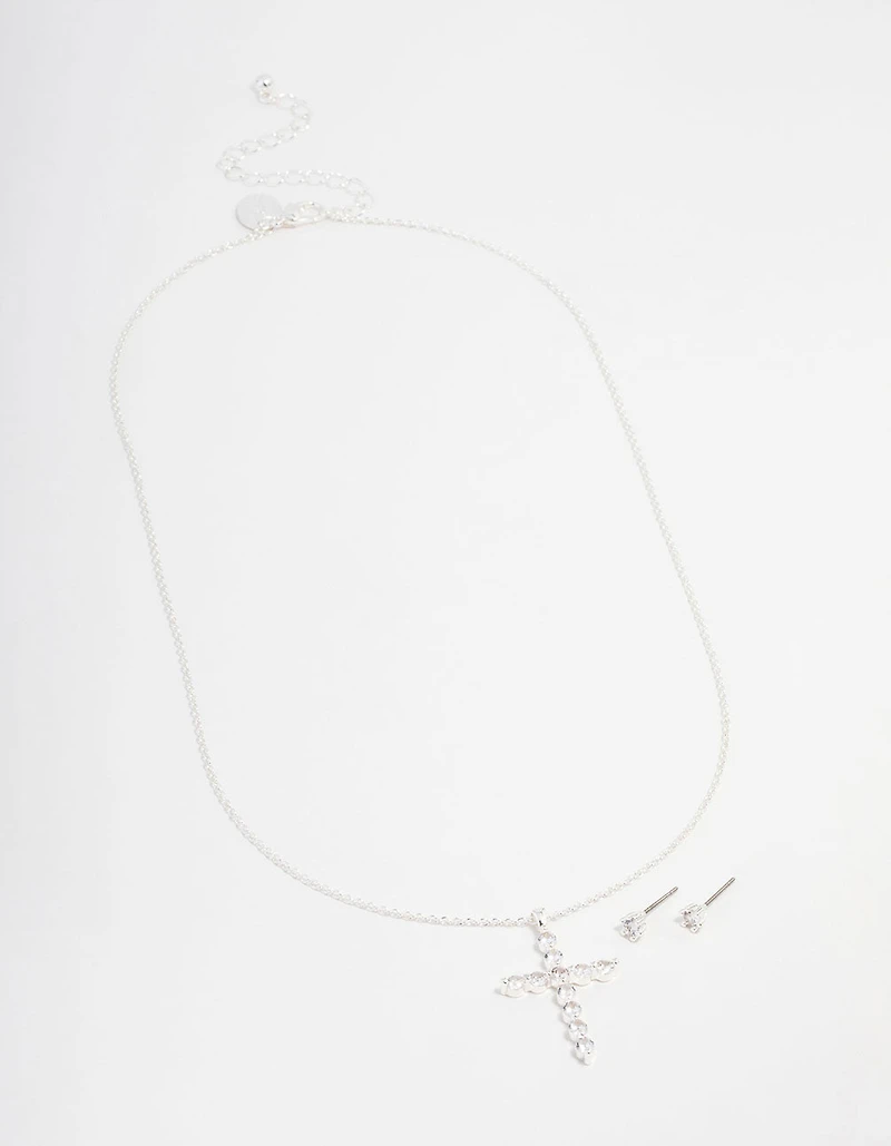Silver Plated Cubic Zirconia Round Cross Necklace & Stud Earrings Set
