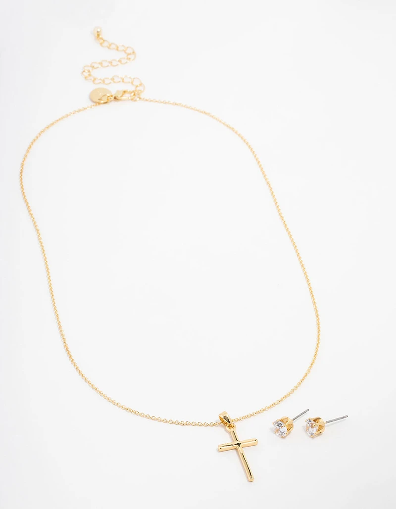 Gold Plated Cubic Zirconia Plain Cross Necklace & Stud Earrings